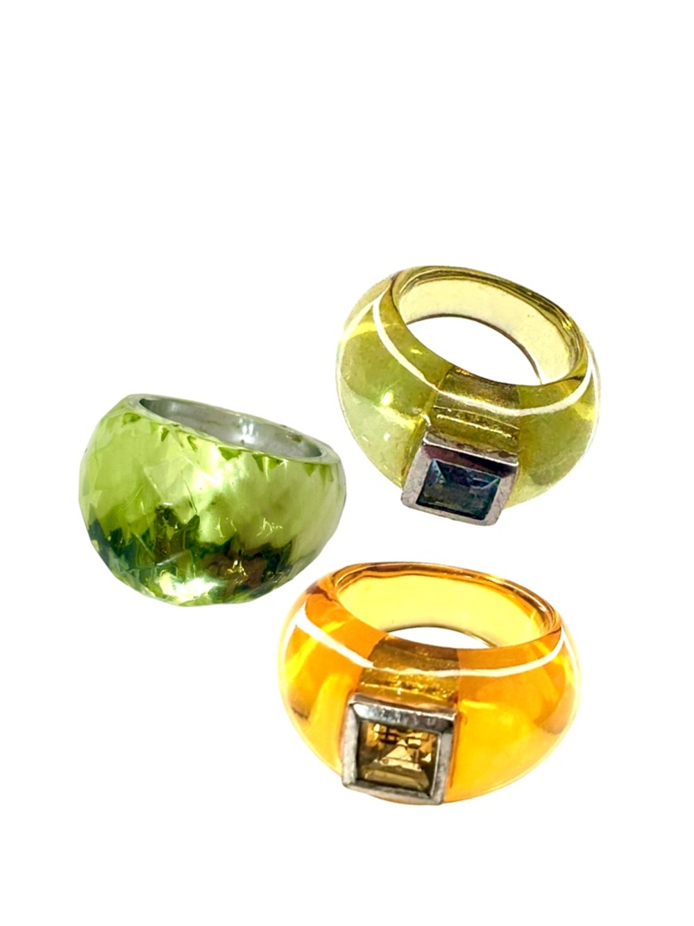 Green and Amber Resin Dome Rings Sz 6.5 with Square Accent Stones Set of 3